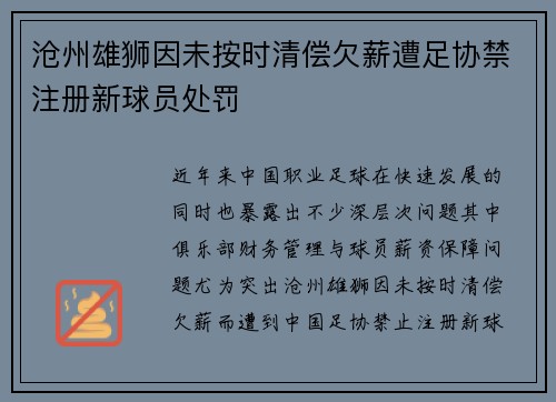 沧州雄狮因未按时清偿欠薪遭足协禁注册新球员处罚